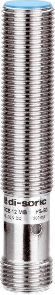 Zylindrischer Metallsensor mit Gewinde und blauer Oberseite, mit der Bezeichnung 