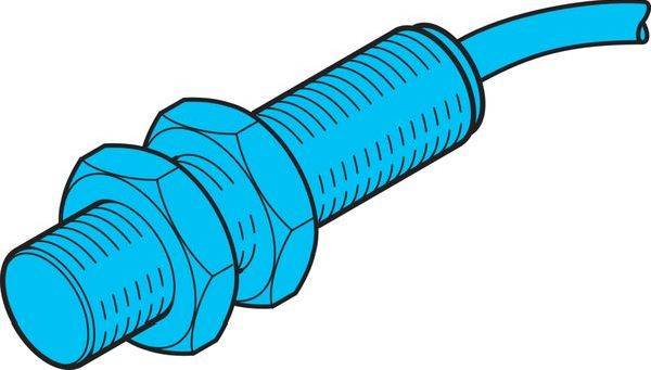 Blauer Gewindezylindersensor oder -stecker mit angeschlossenem Kabel, dargestellt in einer einfachen technischen Illustration auf weißem Hintergrund.