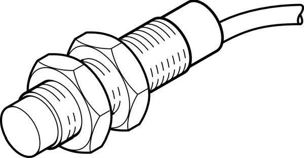 Linienzeichnung eines Gewindezylinder-Sensors mit Sechskantmutter und Kabel, das sich von einem Ende erstreckt.