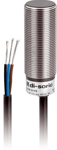 Zylindrischer Metallsensor mit drei freigelegten Drähten und einem Etikett mit der Aufschrift „di-soric
