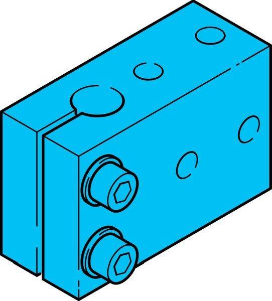 Blauer rechteckiger Metallblock mit zwei Sechskantschrauben auf der Vorderseite und mehreren kreisförmigen Löchern, dargestellt in isometrischer Ansicht.