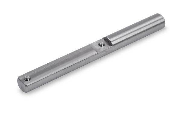 Metallischer zylindrischer Schaft mit zwei Gewindelöchern und einer bearbeiteten Nut, dargestellt auf weißem Hintergrund.