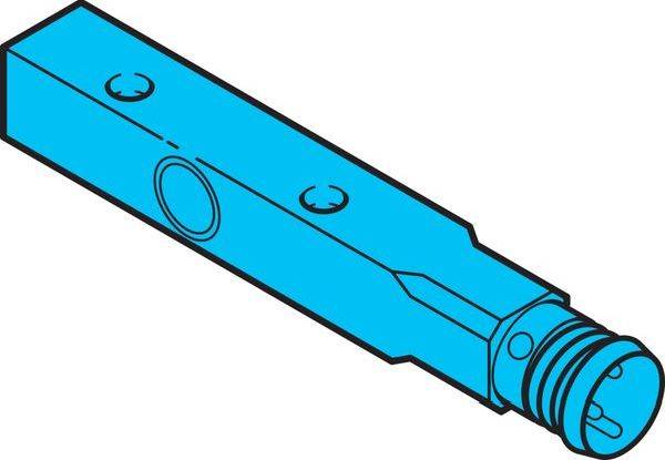 Isometrische blaue mechanische Komponente mit zylindrischem Gewindelende und Montagelöchern, gezeigt auf weißem Hintergrund.