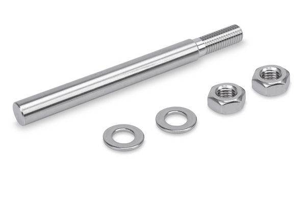 Metallschraube mit zwei Unterlegscheiben und zwei Muttern auf weißem Hintergrund angeordnet.