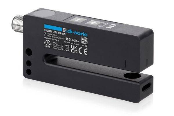 Schwarzer di-sorischer UGTI 670 G2-B5 Industriesensor mit Gewinde-Metallstecker und Schlitzöffnung, dargestellt auf weißem Hintergrund.