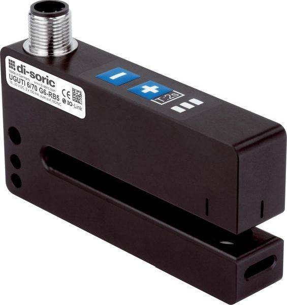 Industrieller Di-Soric-Sensor mit Gewindeoberteil-Stecker, Statusschaltflächen und Schiebenut in einem schwarzen rechteckigen Gehäuse.
