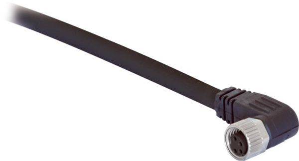 Nahaufnahme eines schwarzen Kabels mit einem rechtwinkligen runden Steckerkonnektoren, wahrscheinlich ein elektronischer oder Stromstecker.