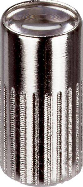 Ein kleiner zylindrischer Metallknurleinsatz mit vertikalen Rillen, aufrecht vor einem einfachen Hintergrund dargestellt.