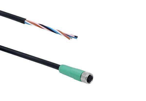 Abgeschnittenes Kabel mit freiliegenden verdrillten Adernpaaren und ein schwarzes Kabel mit grünem Steckverbinder am weißen Hintergrund.