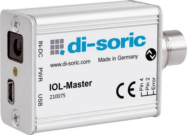 di-soric IOL-Master Industrie-Sensormodul mit IN-DC, PWR und USB-Anschlüssen, gekennzeichnet mit 