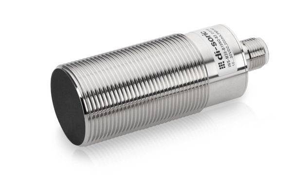 Zylindrischer silberner Gewindesensor aus Metall mit schwarzem Gesicht, gezeigt auf weißem Hintergrund.