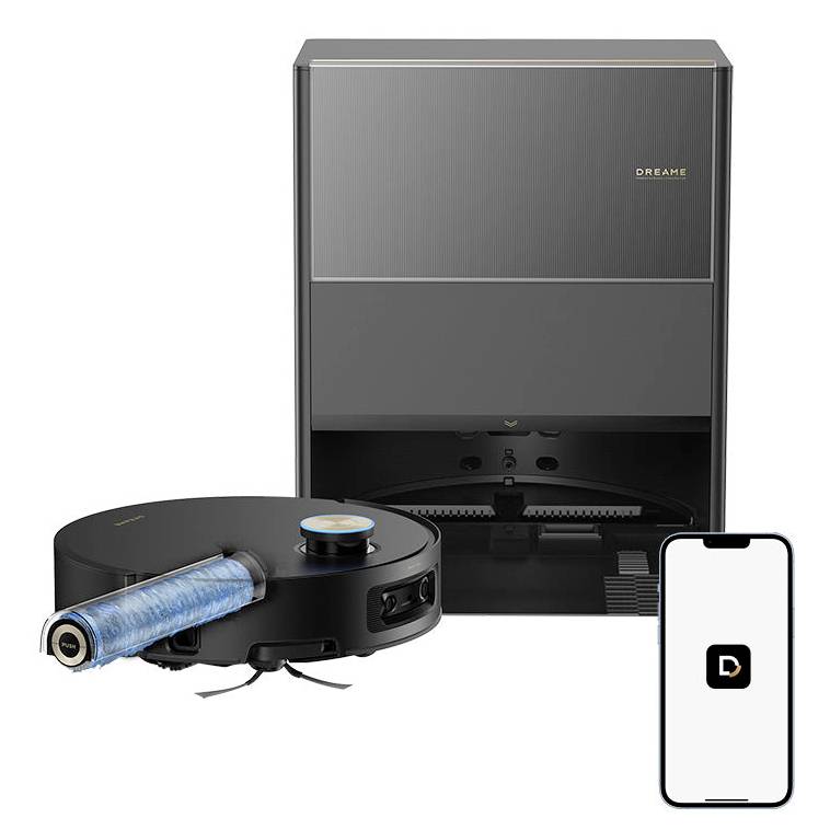 Roboterstaubsauger mit einer Walzenbürste und einer Ladestation neben einer Smartphone-App, die intelligente Reinigungsgeräte für das Smart Home zeigt.