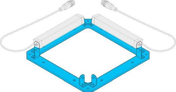 Isometrische technische Illustration eines blauen quadratischen Metallrahmens mit zwei weißen rechteckigen Komponenten, die oben montiert sind, und Kabeln, die an beiden Enden angebracht sind.