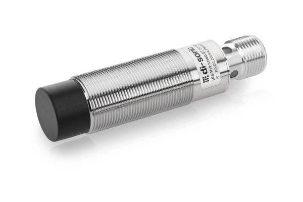 Zylindrischer Gewinde-Metallsensor mit schwarzer Kappe, auf weißem Hintergrund gezeigt.