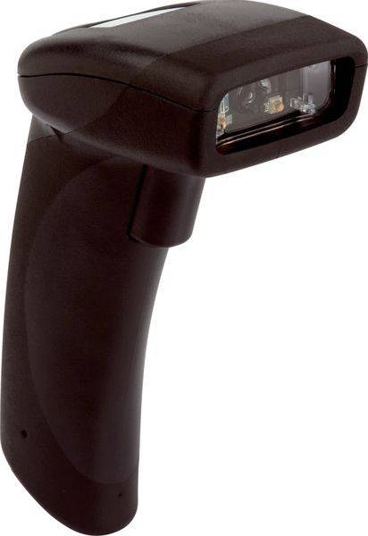 Tragbarer Barcode-Scanner mit dunkelbraun/schwarzem Abzugsgriff und rechteckigem Scannerfenster an der Vorderseite.