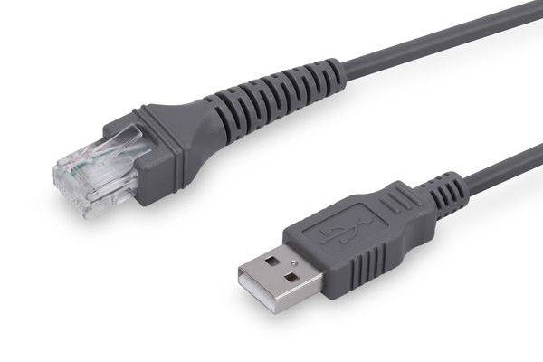 Graues USB-Kabel mit USB-A-Stecker auf der einen Seite und RJ45-Ethernet-Anschluss auf der anderen Seite.