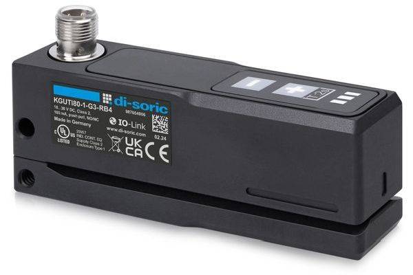 Schwarzer rechteckiger Industriesensor mit metallischem Gewindeverbinder, beschriftet mit „di-soric