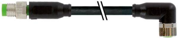 Schwarzes Lichtwellenleiterkabel mit grünem Steckertip an einem Ende und rechtwinkliger Metallstecker am anderen Ende.