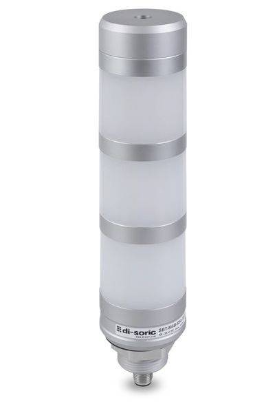Zylindrischer silberner Industrie-Sensor oder leuchtender Signalgeber mit mattem, durchscheinendem Gehäuse und gewindelgeflanschter Montagebasis auf weißem Hintergrund.