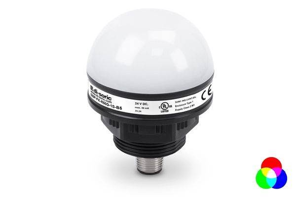 Weiße industrielle LED-Kuppel-Signalleuchte mit Gewindelmetallbasis auf schllichtem Hintergrund.