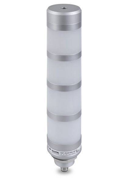 Vertikales zylindrisches Metall-Kunststoff-Gerät mit durchscheinendem Gehäuse und silbernen Bändern, ähnlich einer industriellen Filter- oder Sensorpatrone.