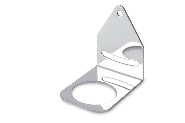 Silberner L-förmiger Metallwinkel mit Befestigungslöchern, dargestellt auf weißem Hintergrund.