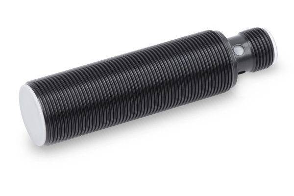 Schwarzliches zylindrisches Sensorgehäuse oder Aktorgehäuse mit Gewinde, mit einer weißen Kappe an einem Ende und einem Stecker am anderen Ende, auf weißem Hintergrund dargestellt.