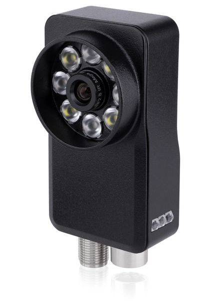 Schwarze Sicherheitskamera mit sechs Infrarot-LEDs und einem zentralen Objektiv, dargestellt auf weißem Hintergrund mit einer Montagebasis.