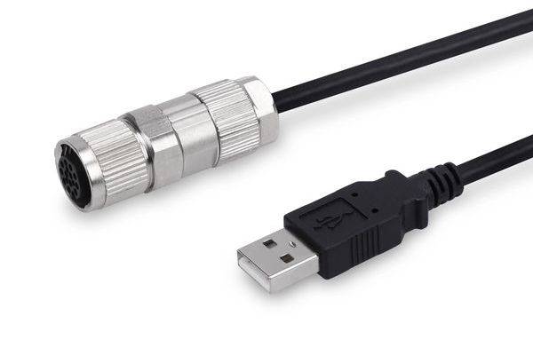 USB-Kabel mit schwarzem USB-A-Stecker und silbernem rundem Multi-Pin-Anschluss, dargestellt vor weißem Hintergrund.