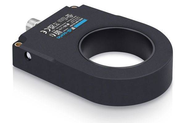 Schwarzes ringförmiges Industriesensor- oder Klemmgerät mit einem Kabelstecker an einem Ende, dargestellt auf weißem Hintergrund.