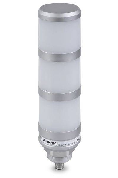 Hoher zylindrischer Industriesensor oder Signalturm mit mattierten weißen Abschnitten, silbernen Bändern und gewindelierter Montagebasis auf weißem Hintergrund.