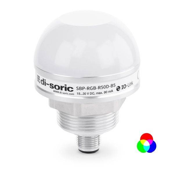 Weißer di-sorischer SBP-RGB-R50D-B5 Industriesensor mit Gewinde-Befestigung und TO-LINK-Logo, gezeigt auf weißem Hintergrund.