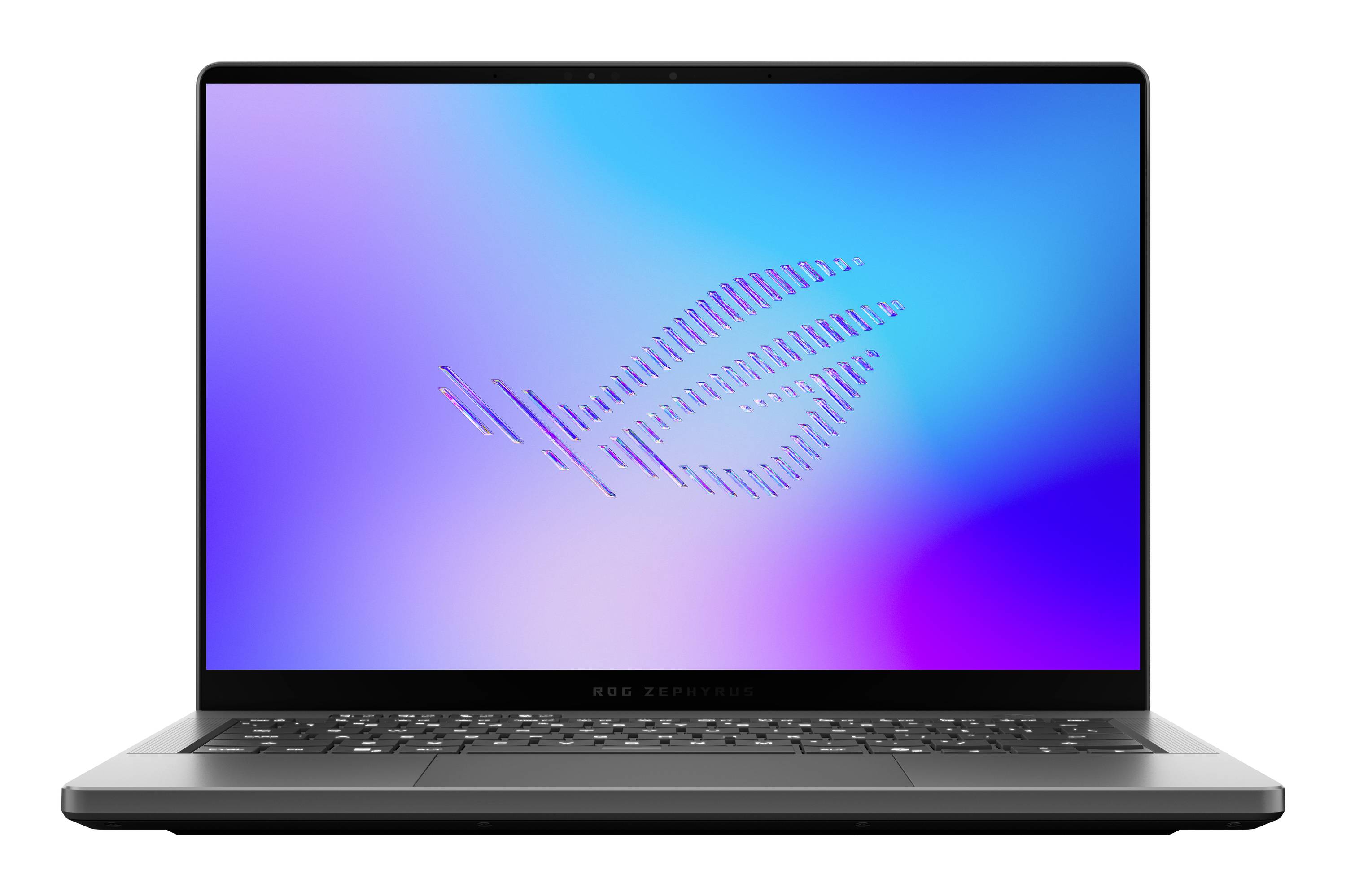 Offener Laptop mit abstraktem blauem, violettem und rosa Farbverlauf-Hintergrundbild und einem stilisierten Logo in der Mitte.