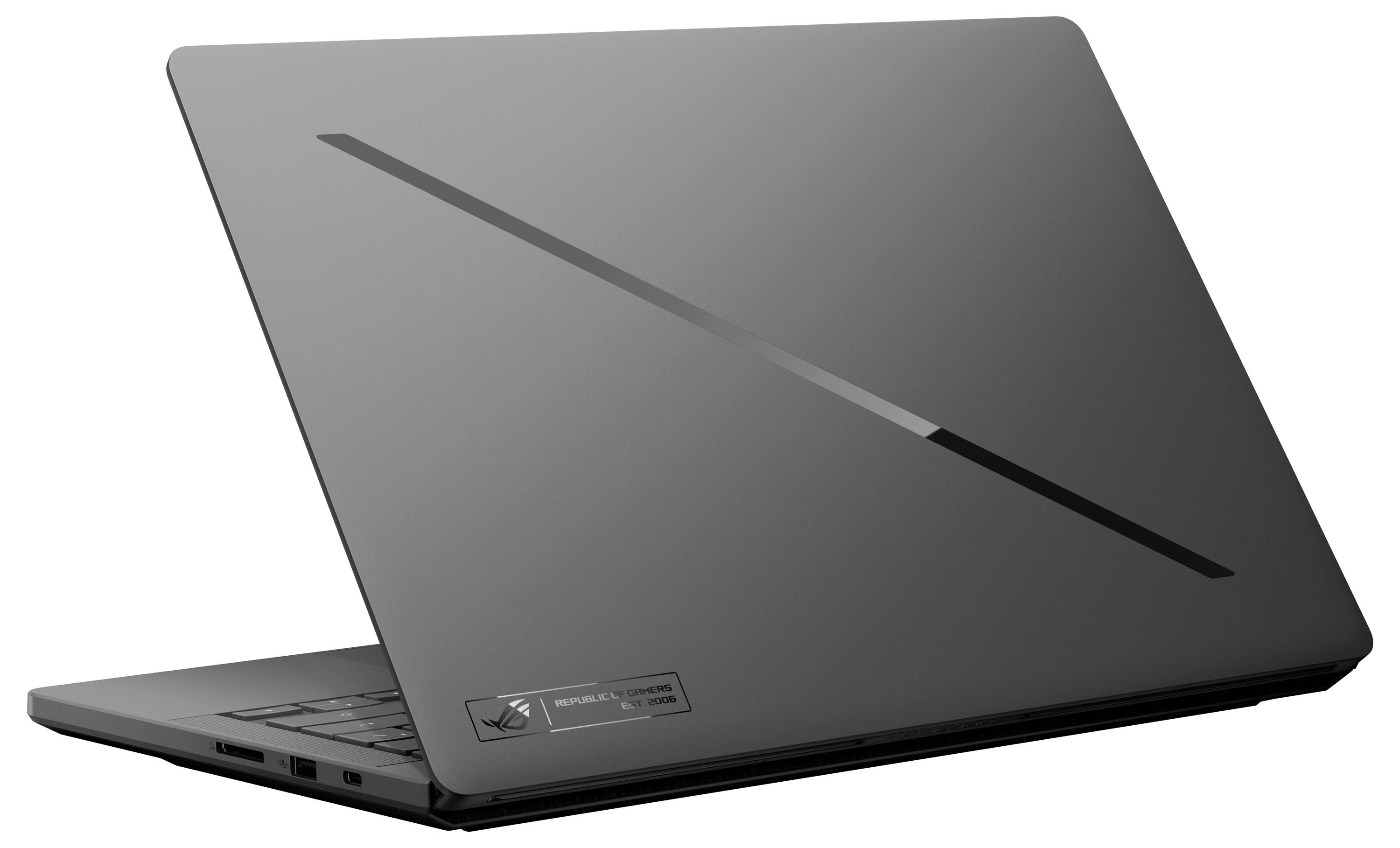 Geschlossener grauer Laptop mit elegantem diagonalem Streifen auf dem Deckel, in schräger Perspektive vor weißem Hintergrund gezeigt.