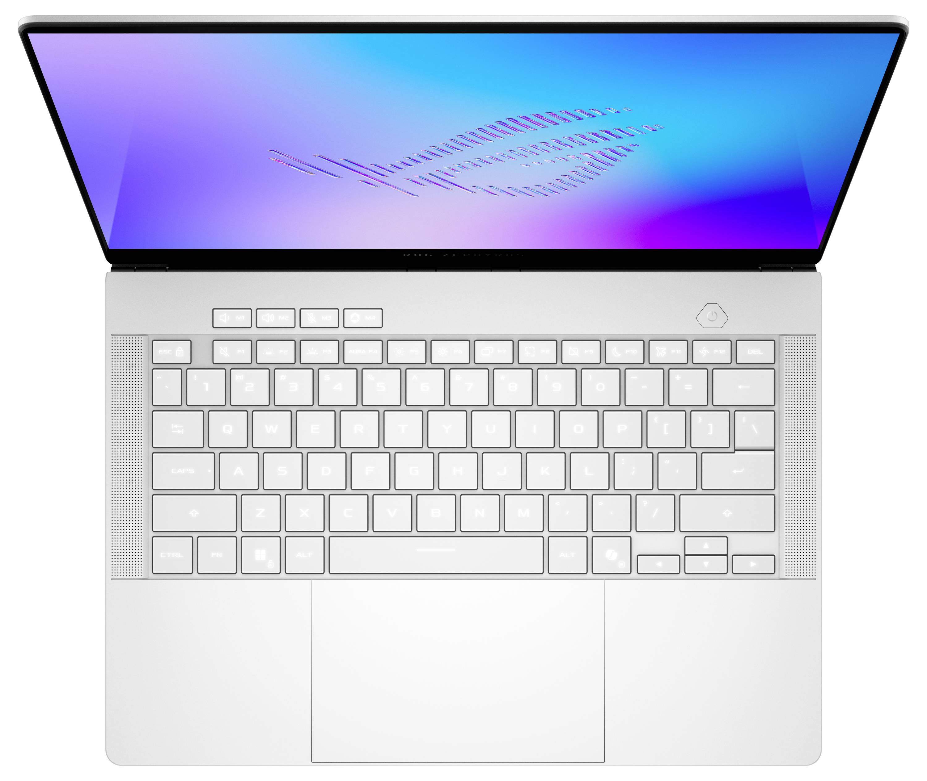 Offener silberner Laptop von oben gezeigt mit Bildschirm, der eine blauviolette abstrakte Tapete anzeigt, und eine vollständige Tastatur und ein Trackpad.
