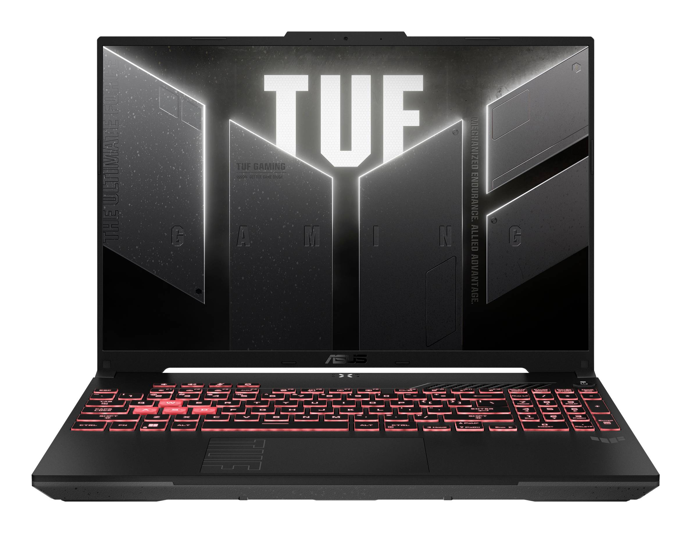 Schwarzer ASUS TUF Gaming-Laptop, der offen angezeigt wird, mit leuchtender roter Tastatur und TUF GAMING-Logo auf dem Bildschirm.