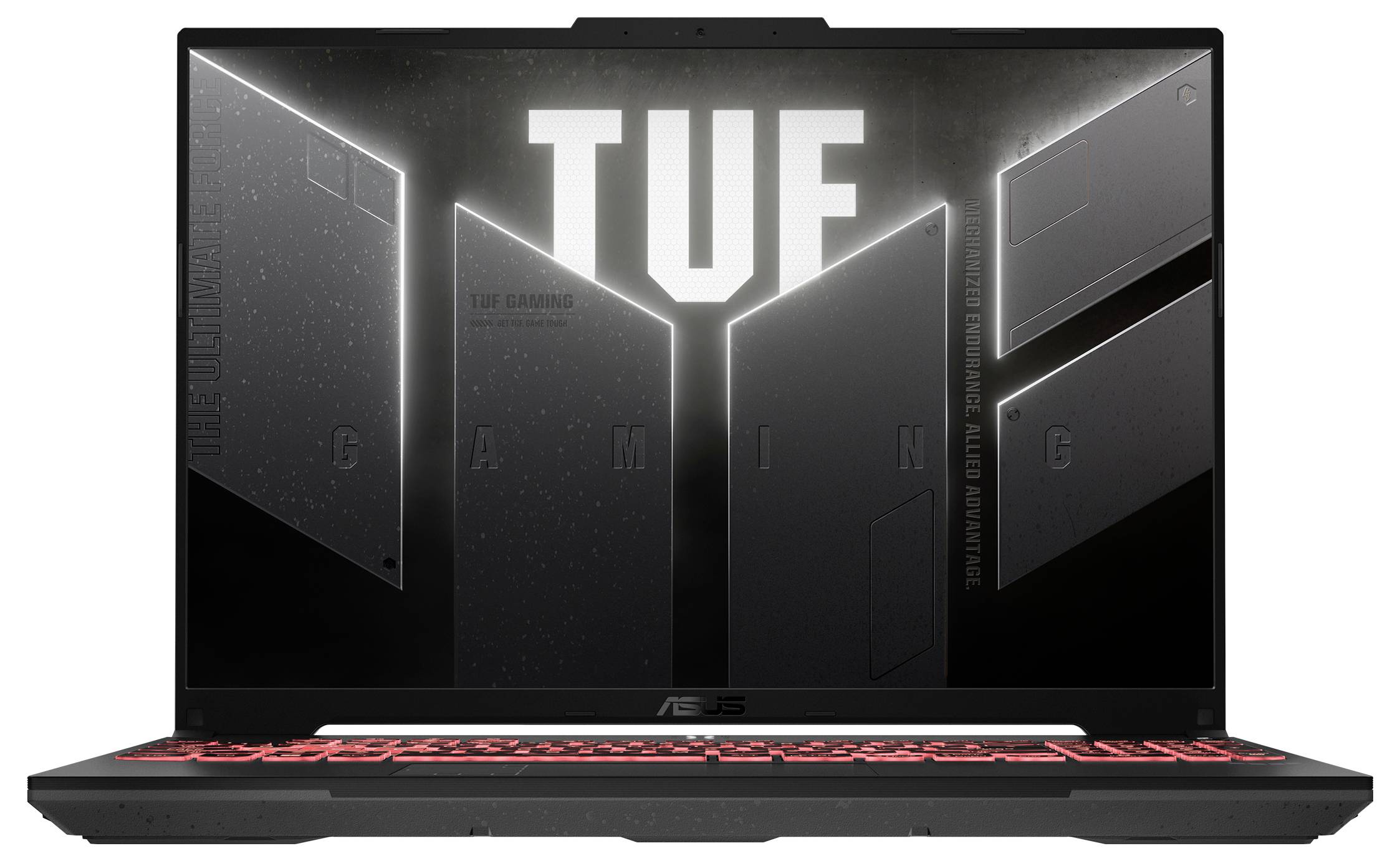 ASUS TUF Gaming-Laptop, offen gezeigt, mit schwarzem militärischem Design und rot beleuchteter Tastatur. Der Bildschirm zeigt das große „TUF GAMING