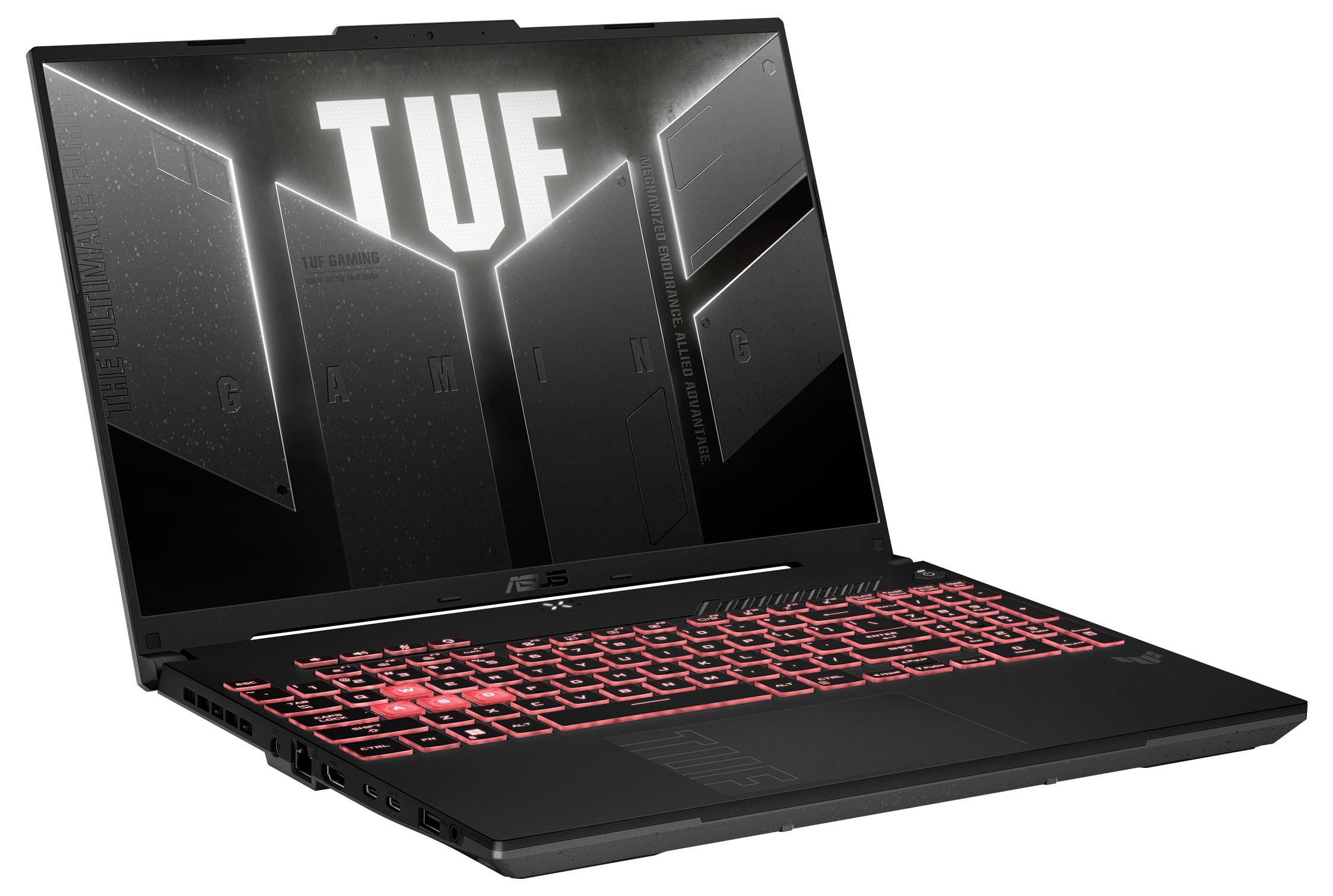 Schwarzer ASUS TUF Gaming-Laptop, aufgeklappt auf weißem Hintergrund, mit beleuchteter roter Tastatur und großem „TUF