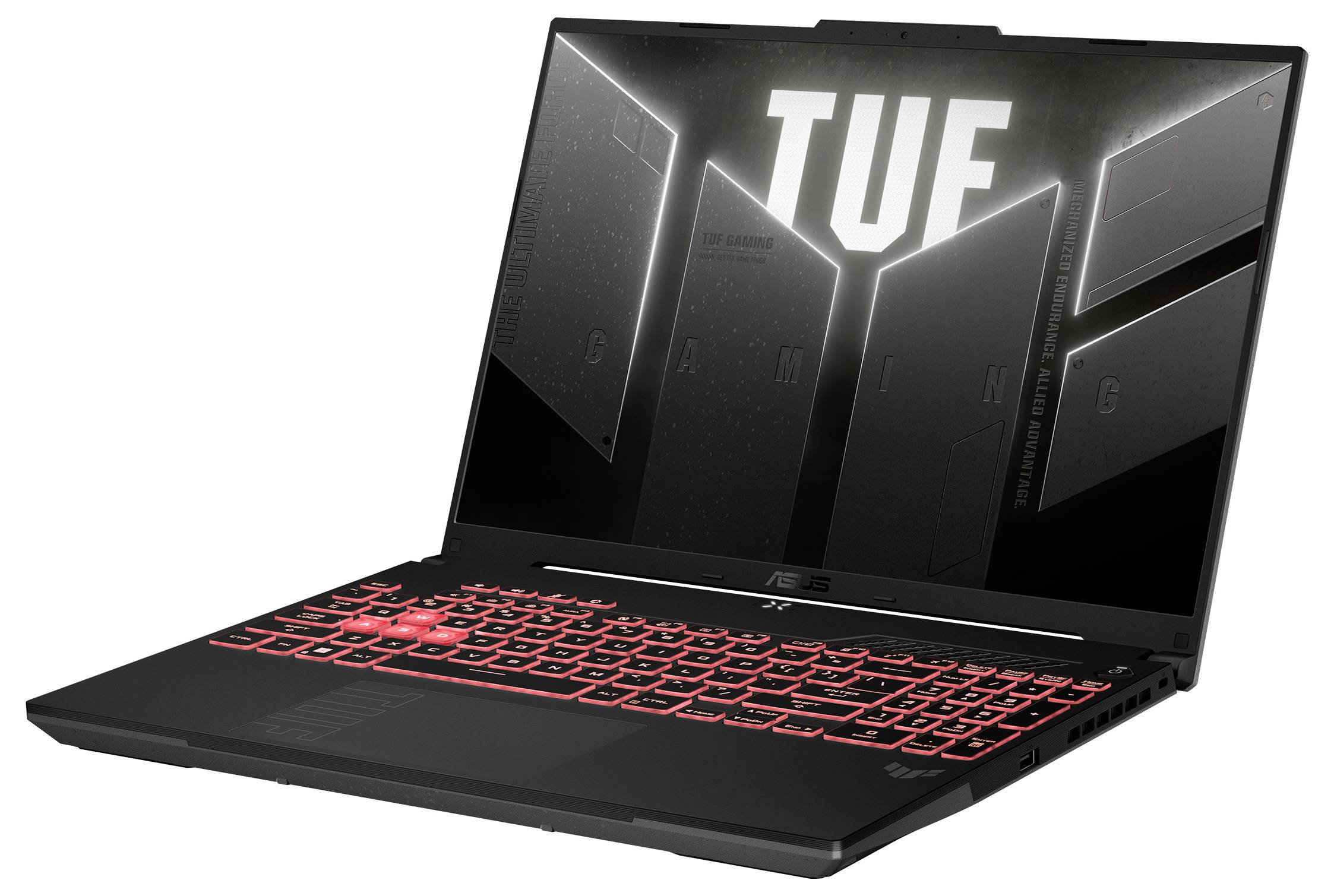 Schwarzer ASUS TUF Gaming-Laptop, offen dargestellt, mit rot beleuchteter Tastatur und großem 