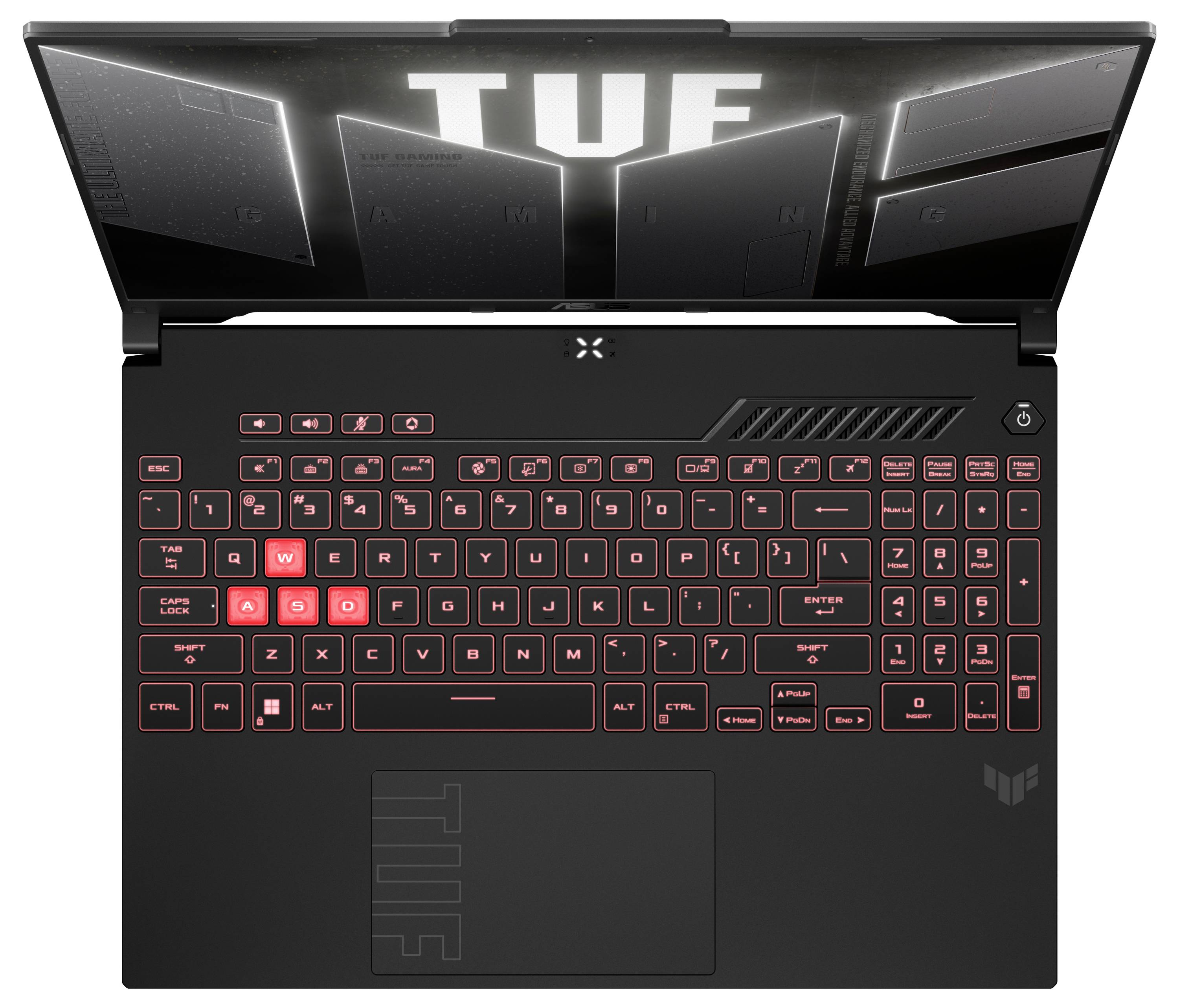 Draufsicht auf einen schwarzen Gaming-Laptop mit beleuchterter roter Tastatur und großem „TUF