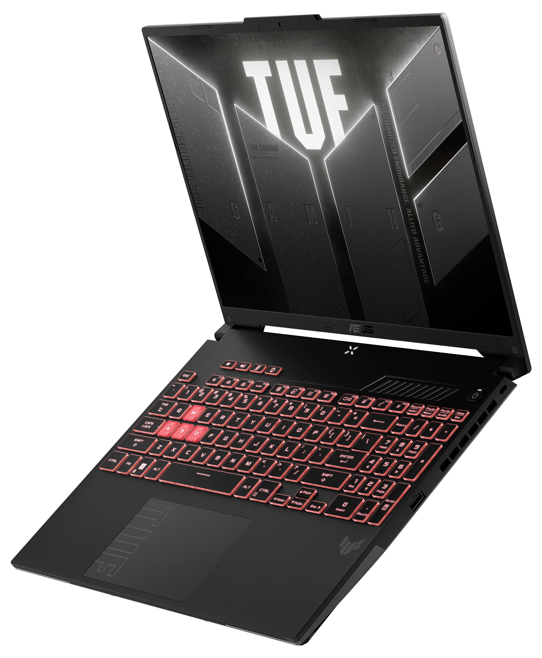 Offener schwarzer Gaming-Laptop mit rot beleuchteter Tastatur und „TUF
