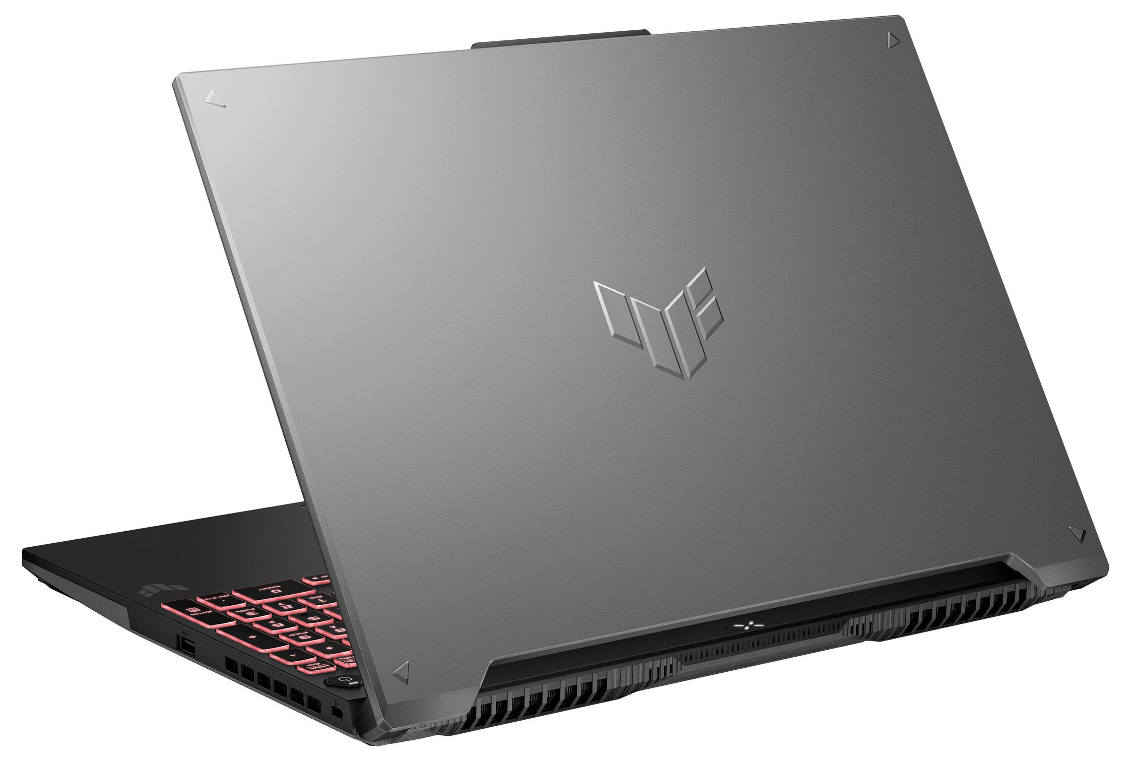 Geschlossener dunkelgrauer Gaming-Laptop von hinten-links betrachtet, mit leuchtender roter Tastatur und hinteren Lüftungsöffnungen.