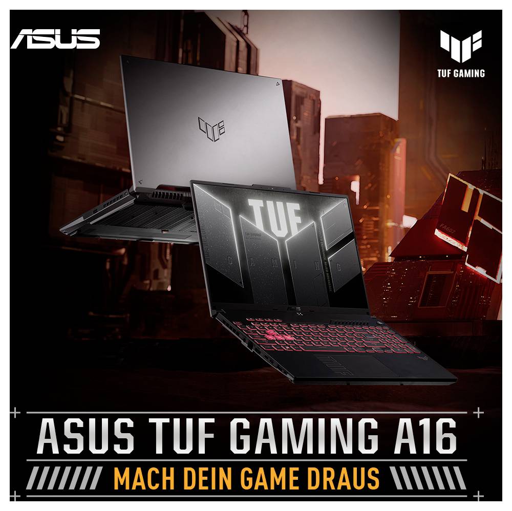 ASUS TUF Gaming A16 Laptops in Schwarz und Silber mit rot beleuchteten Tastaturen, gezeigt vor dramatischem Stadthintergrund; der Text lautet „ASUS TUF GAMING A16