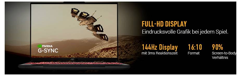 Laptop mit Full-HD-Display, 144-Hz-Bildwiederholfrequenz, 16:10-Format, 90 % Screen-to-Body-Verhältnis und NVIDIA G-SYNC.