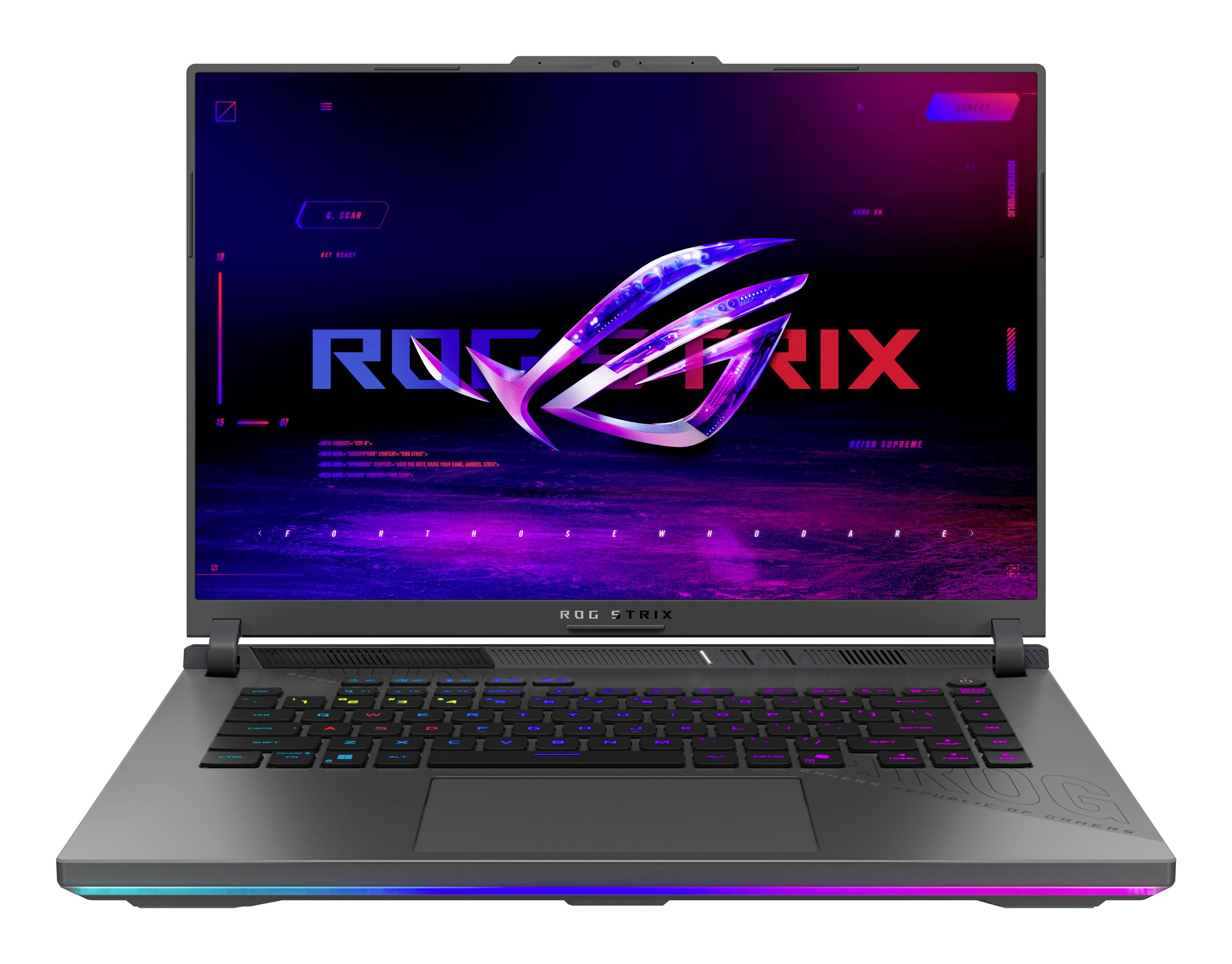 Vorderansicht eines ASUS ROG Gaming-Laptops mit RGB-Tastatur und beleuchtetem ROG-Logo-Hintergrundbild auf dem Bildschirm.
