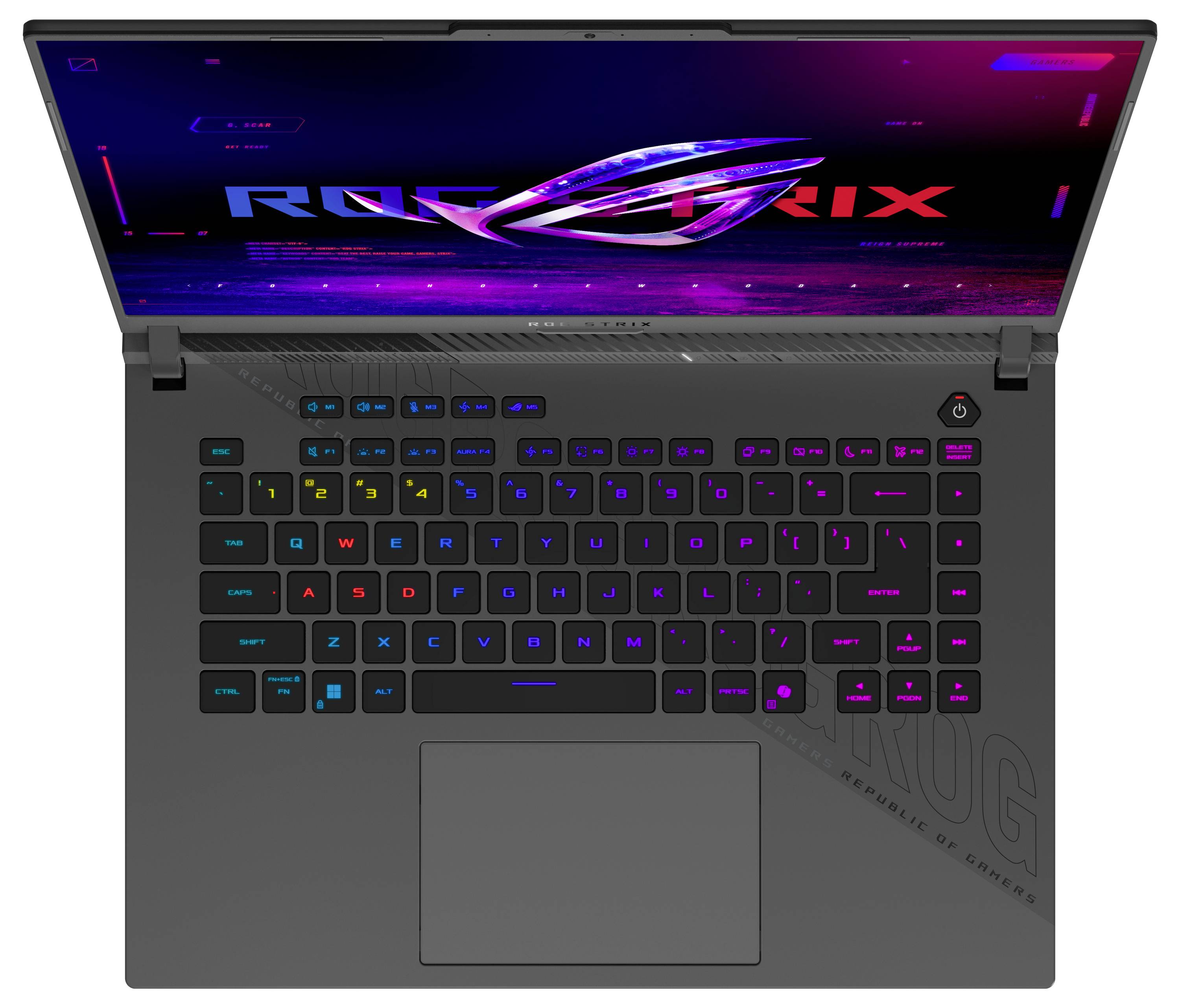 ASUS ROG Gaming-Laptop von oben betrachtet, mit RGB-beleuchtet Tastatur, großem Touchpad und ROG-Logo auf dem Bildschirm.