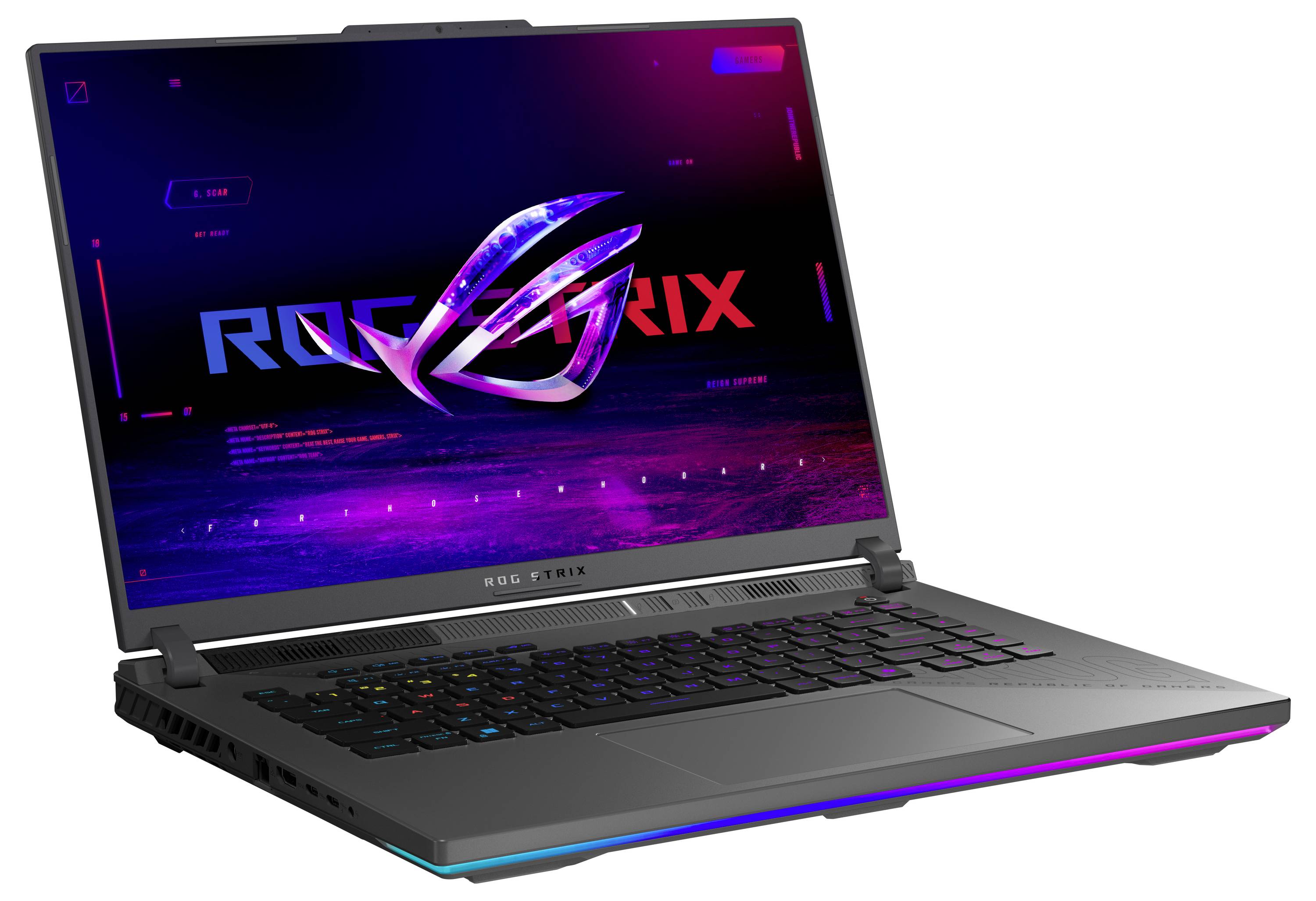 Ein Gaming-Laptop mit dem ROG-Logo auf dem Bildschirm, dargestellt in einer Dreiviertelperspektive vor weißem Hintergrund.