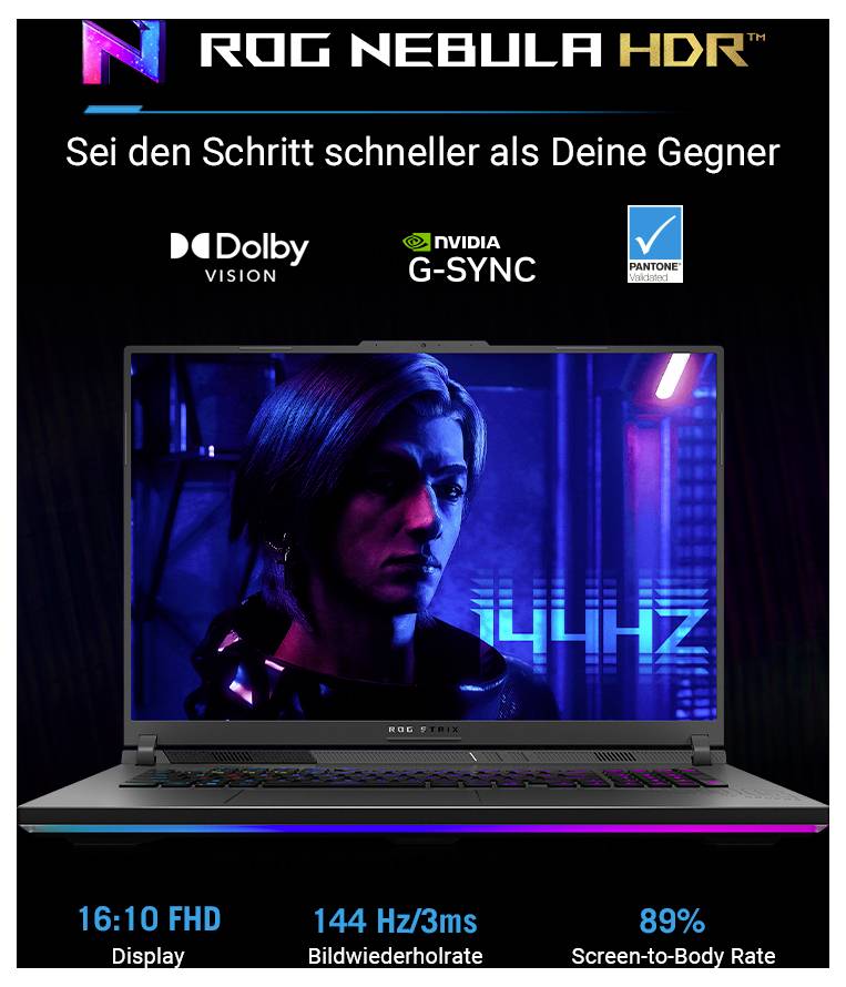ASUS ROG Nebula HDR Laptop-Anzeige mit deutschem Slogan 