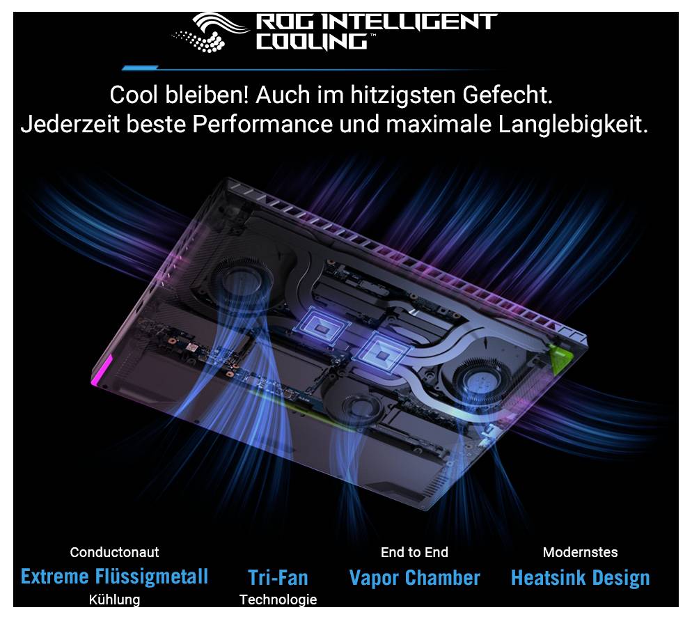 ROG Intelligente Kühlung Promo zeigt ein Laptop-Kühlsystem mit „Extreme Flüssigmetall