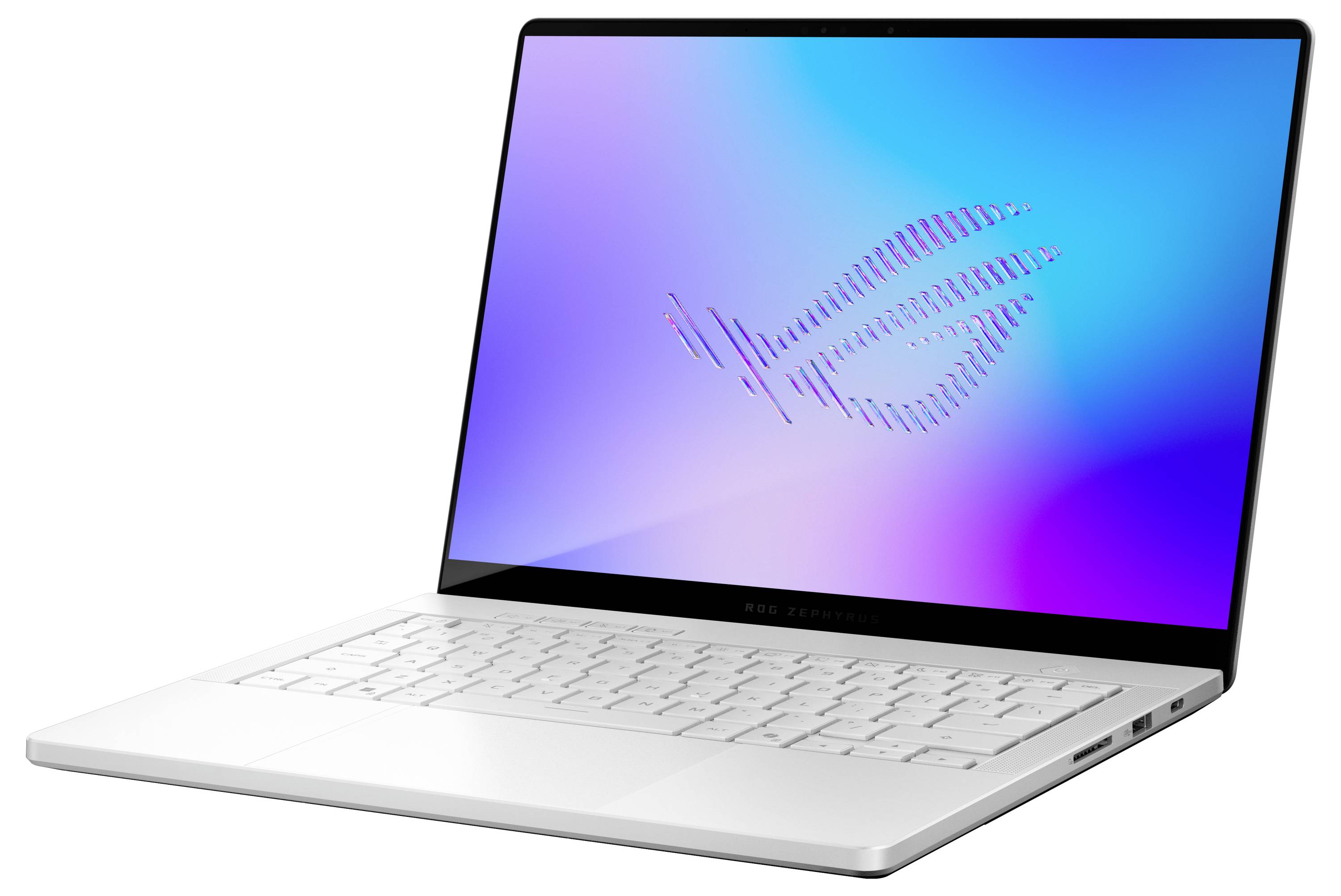 Silberner Laptop in einem Winkel geöffnet, zeigt einen farbenfrohen blau-violetten Bildschirm mit einem ASUS ROG-Logo.